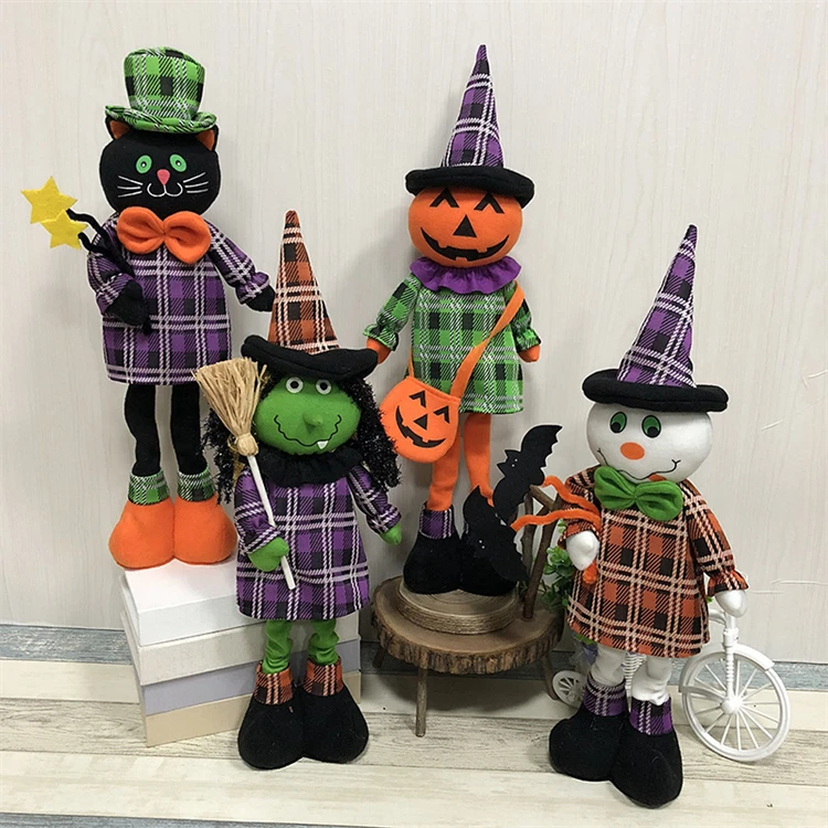 Halloween Doll Decorations Scary Theme Pumpkin Witch Black Cat Ghost Telescopic Toy Ghost Festival Party Scene Layout Supplies