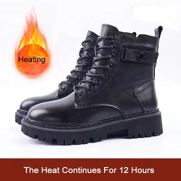 Fashion Genuine Leather Women Martin Boots Feet Warm Temperature Regulating Rechargeable Battery Electrical Heated Shoes