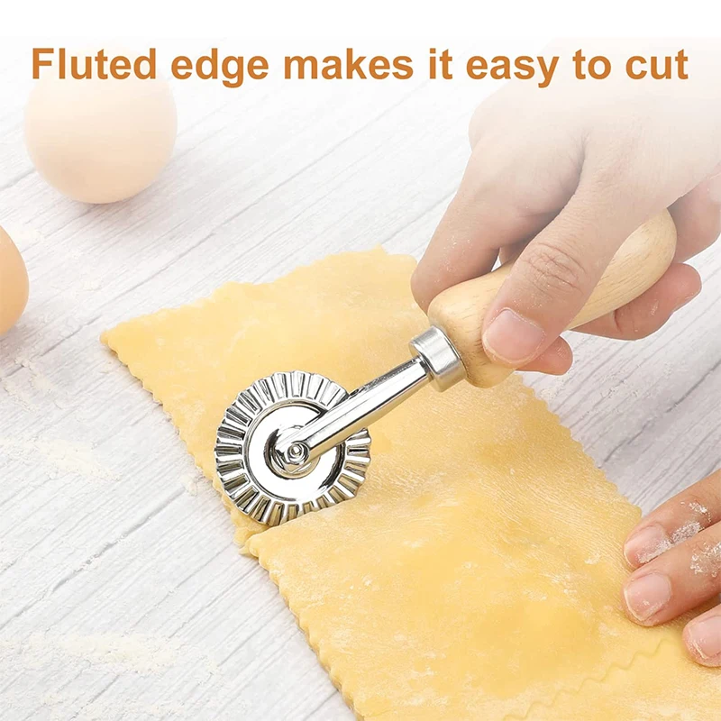 Ravioli Stamp Maker Cutter with Roller Wheel Wooden Handle and Fluted Edge for Pasta Dumplings Lasagna Pierogi baking tool