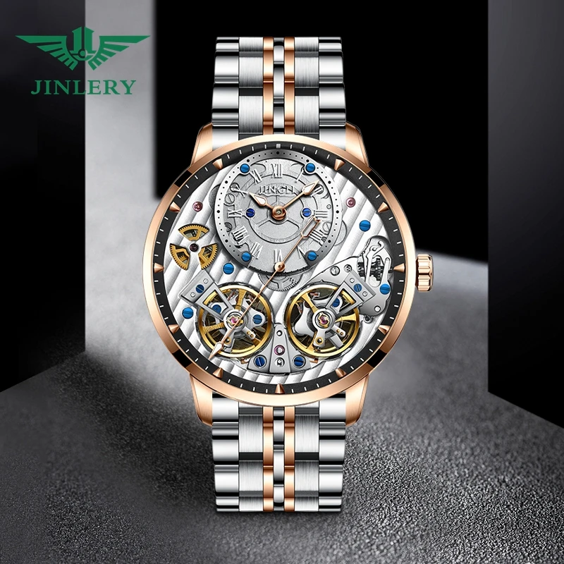 Механические часы jinshanghai с двойным маховиком, модная маленькая пластина с тремя контактами, водонепроницаемые механические часы с ремешком из нержавеющей стали