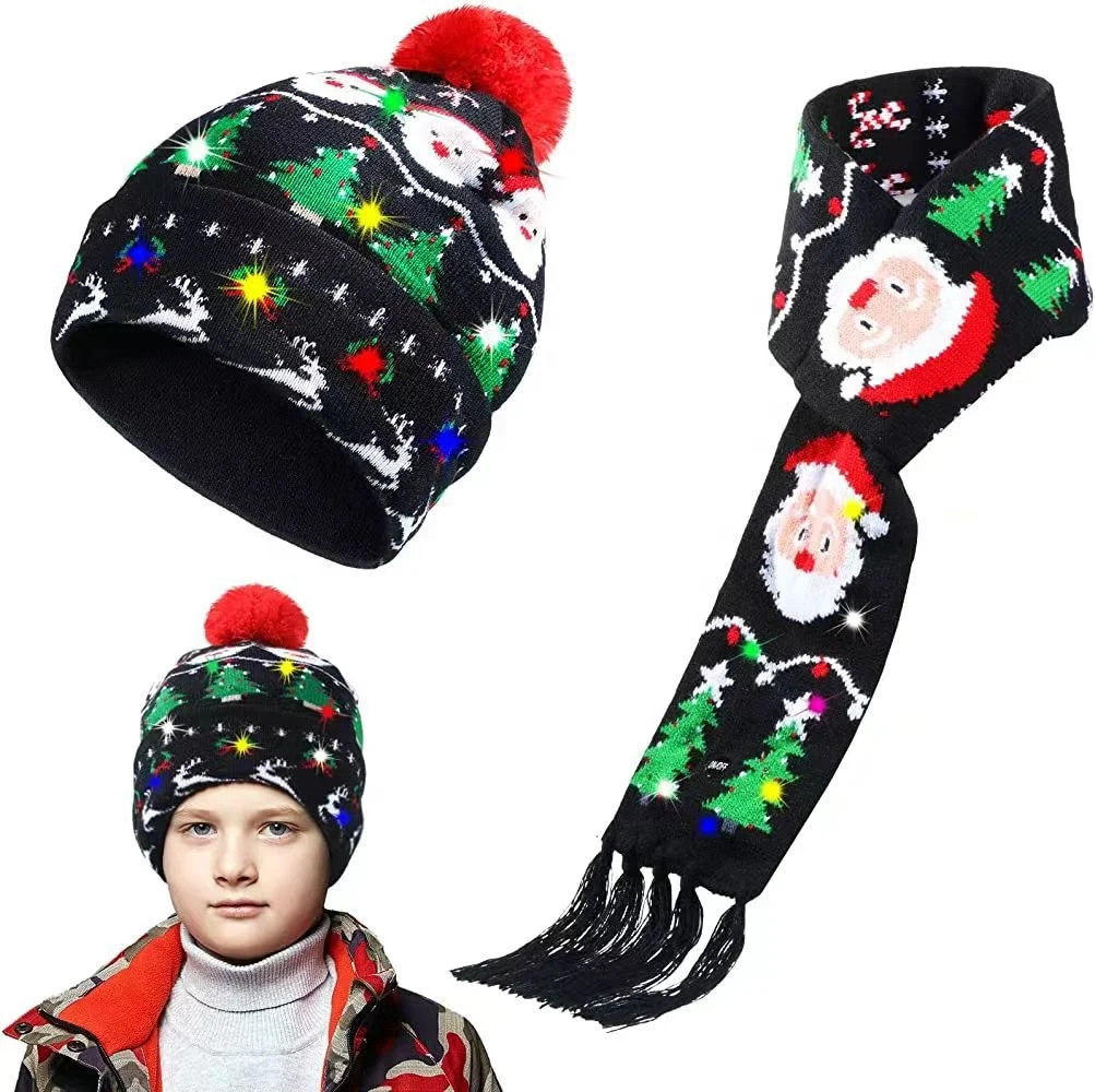 2Pcs Christmas LED Light up Hats LED Scarf Set Christmas Beanie Knit for Kids Adults Xmas Birthday Party