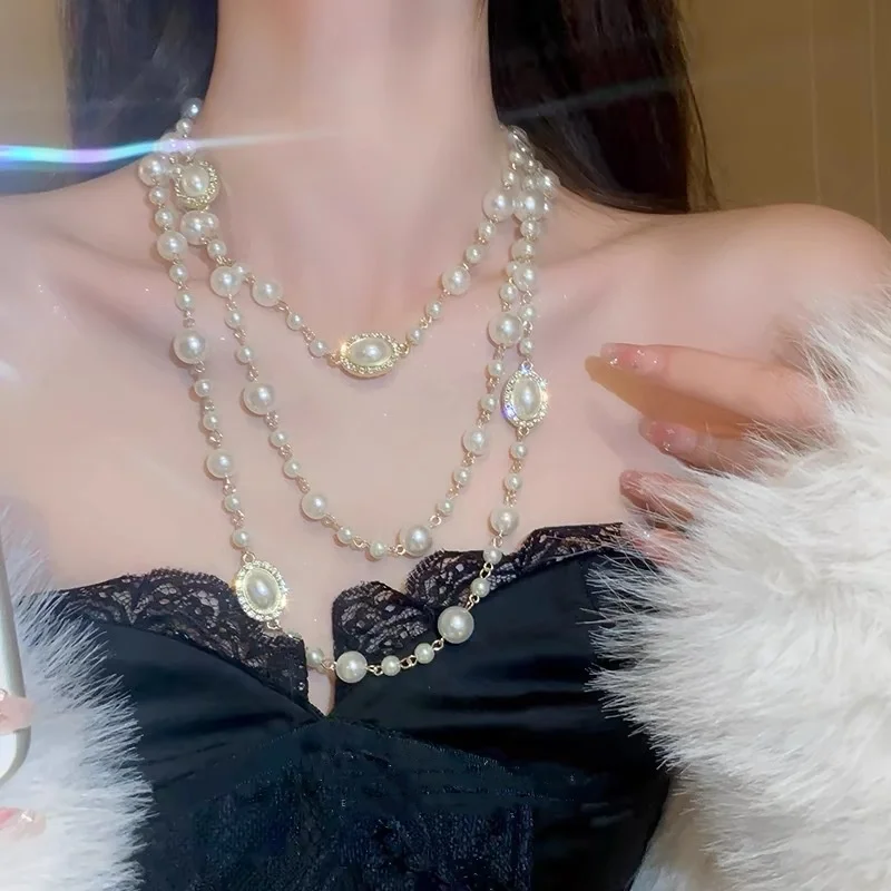 Fashion Clothing Chain Synthetic Pearl Necklace Long Elegant Luxe Sweater Chain