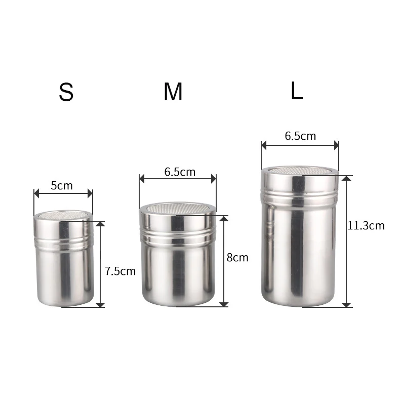 Powdered Sugar Shaker Duster Cinnamon Shaker Flour Sifter 7oz Stainless Steel Fine Mesh Dredges Shakers bottle