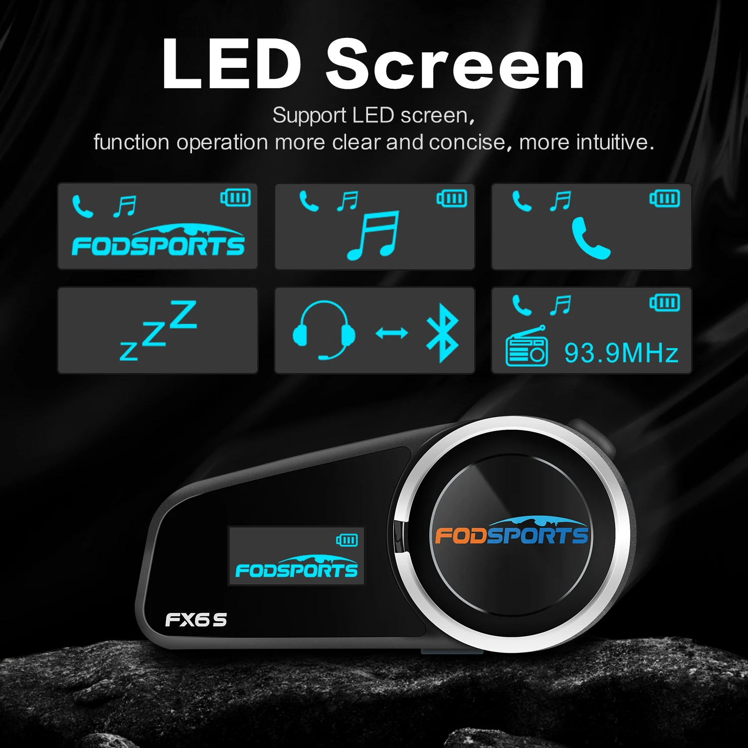 Fodsports FX6S 1000m 6 riders Full Duplex FM radio bluetooth 5.0 with LED screen waterproof motorcycle interphone headset