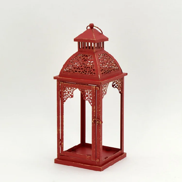 Christmas Red Iron Lantern Glass Hanging Stand Candle Holder Metal Candle Lantern for Home Deco Europe Inner Box + Master Carton