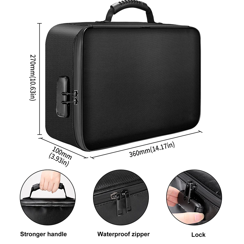 Multi-Layer Portable File Storage with Lock for Important Passport Certificates Waterproof Fireproof Document Organizer Bag