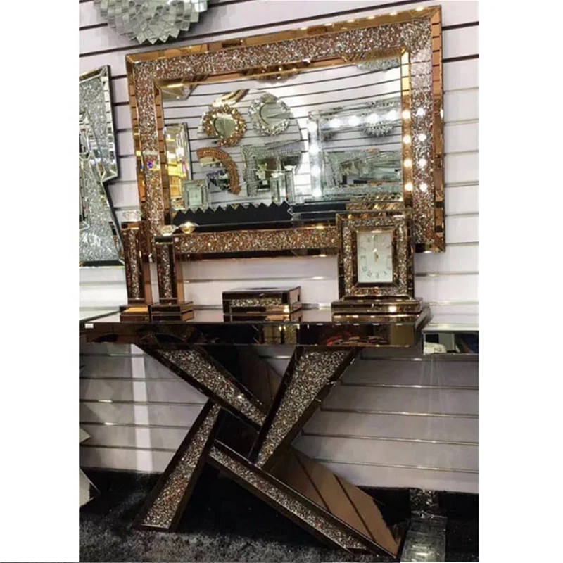 European modern simple MDF shining diamond crushed console table with round mirror living room