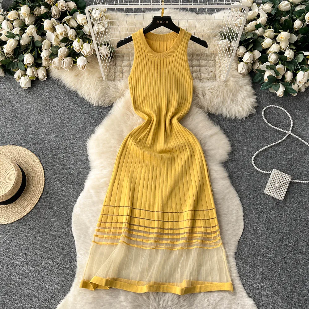 2023 Summer Sling Sexy Ins Dress Female Ice Silk A Word With Ice Silk Sleeveless Base Knitted Long Dress