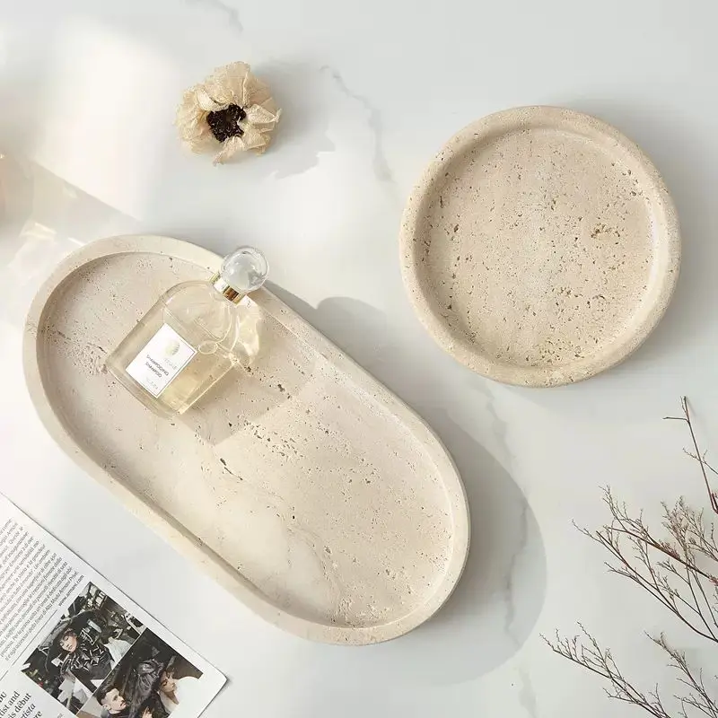 Natural Marble Stone Tray Travertine Beige Round Oval Jewellery Vanity Candles Decorative Storage Tray