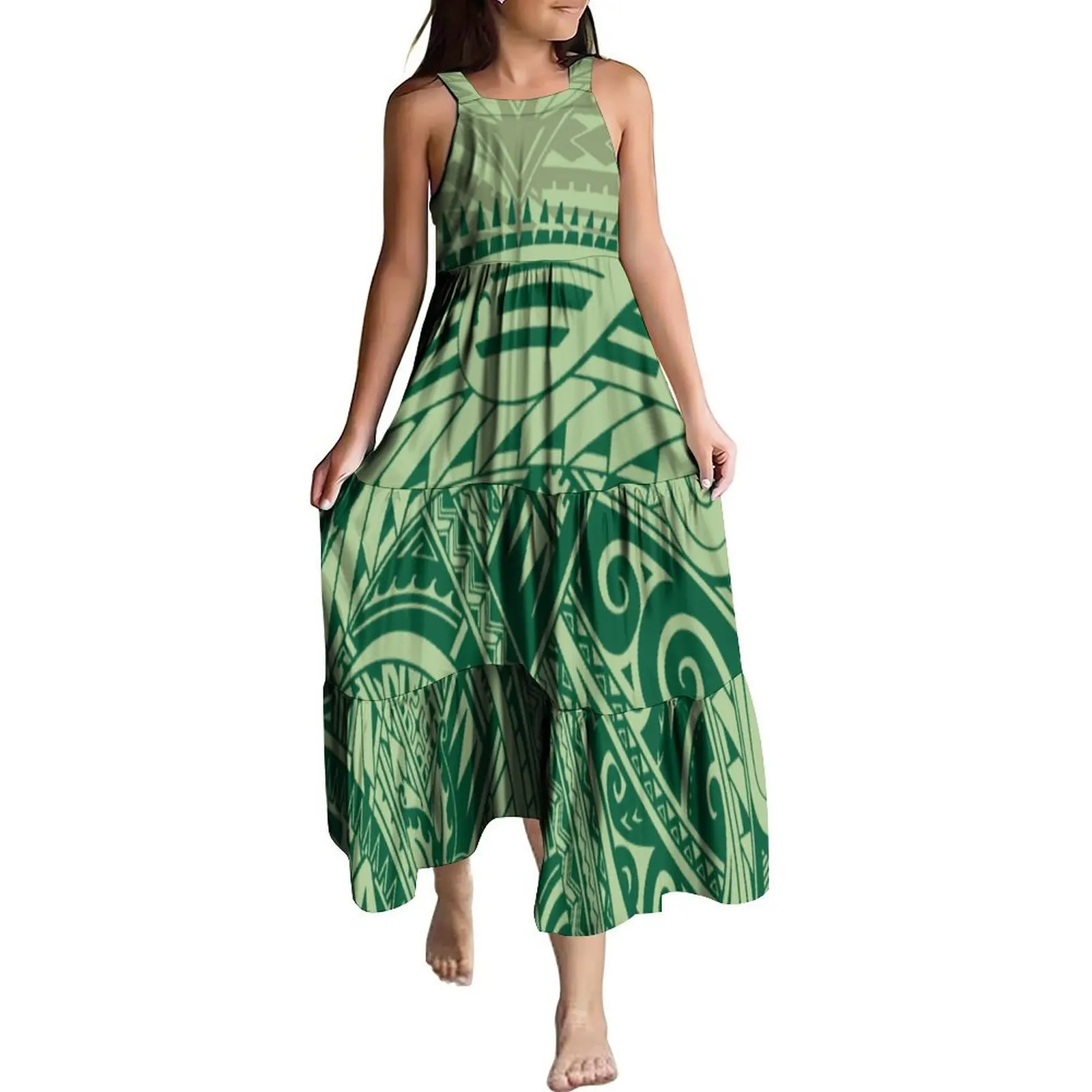 New High Quality Customized Strap Sleeveless Midi Toddler Kids Dress Polynesian Tribal Girls Birthday Party Dresses For Kids