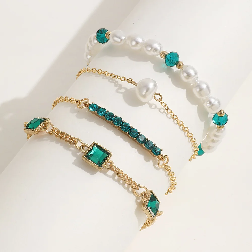 Senior Sense Niche Crystal Hand String Set Beaded Bracelet Tarnish Free Gold Plated Stainless Steel Imitation Pearl Bracelet Set