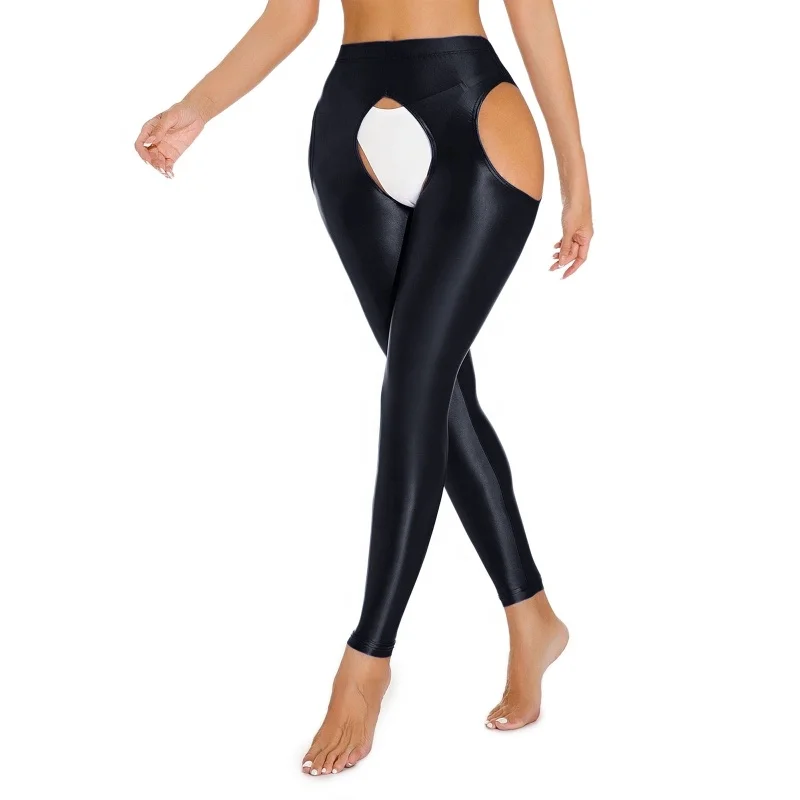Wholesale Glossy Cutout Leggings High Waist Open Crotch Thigh Stretchy Pants Leggings For women sexy