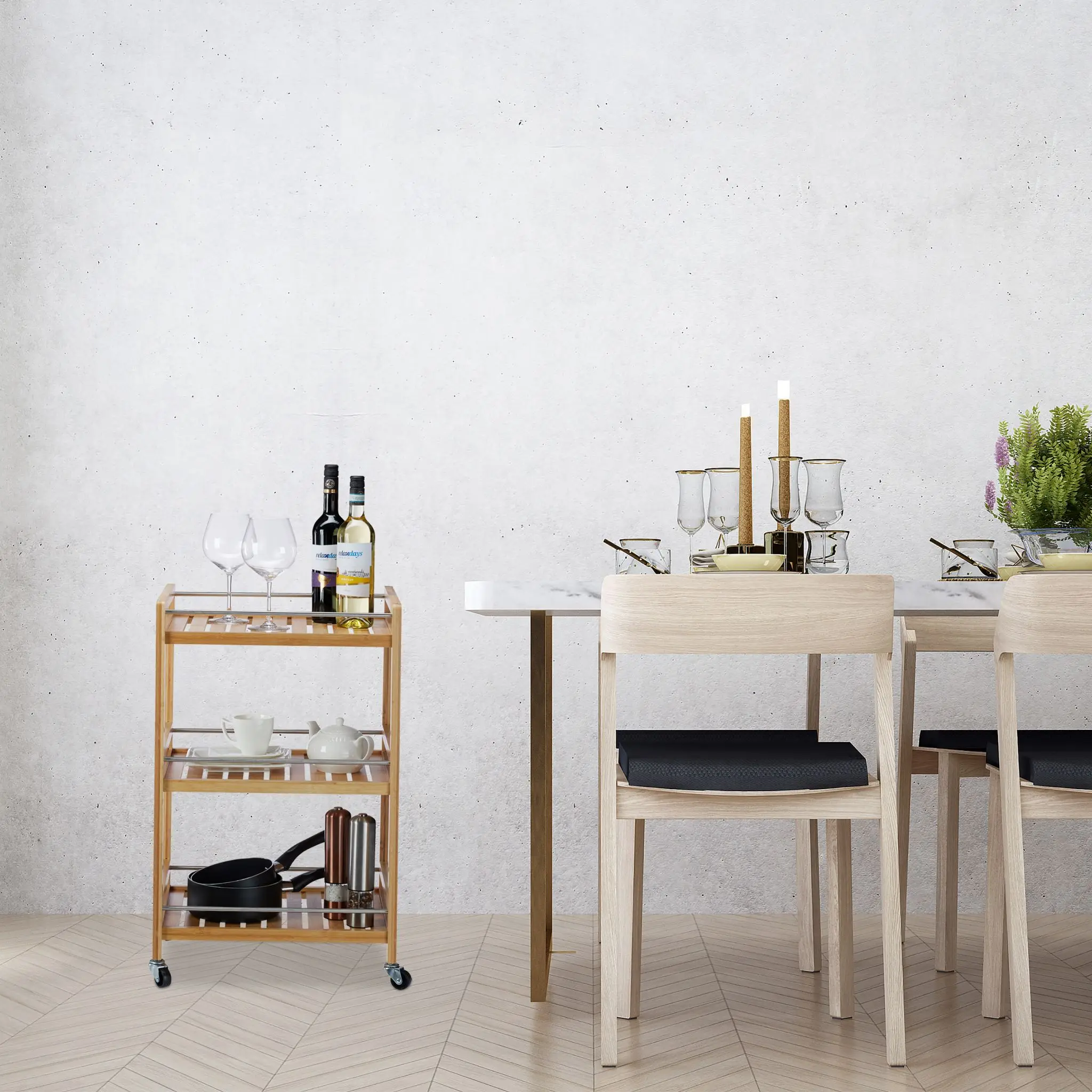 Wooden 3-tier Shelves Kitchen Serving Trolley Cupboard with Casters Wheels Kitchen Storage Serving Cart