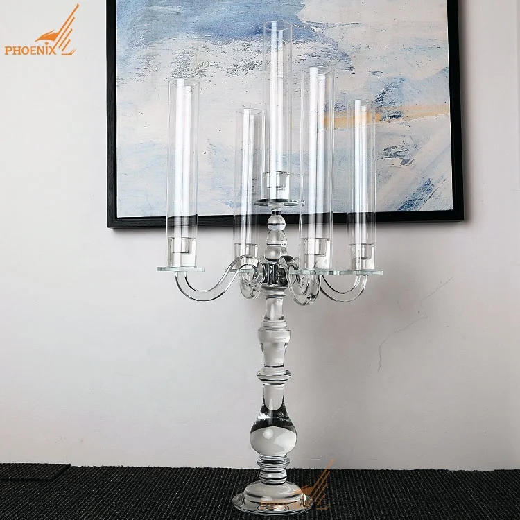 Popular cheap price 5 lights elegant 80cm tall crystal glass candelabra glass tubes candleholders wholesale