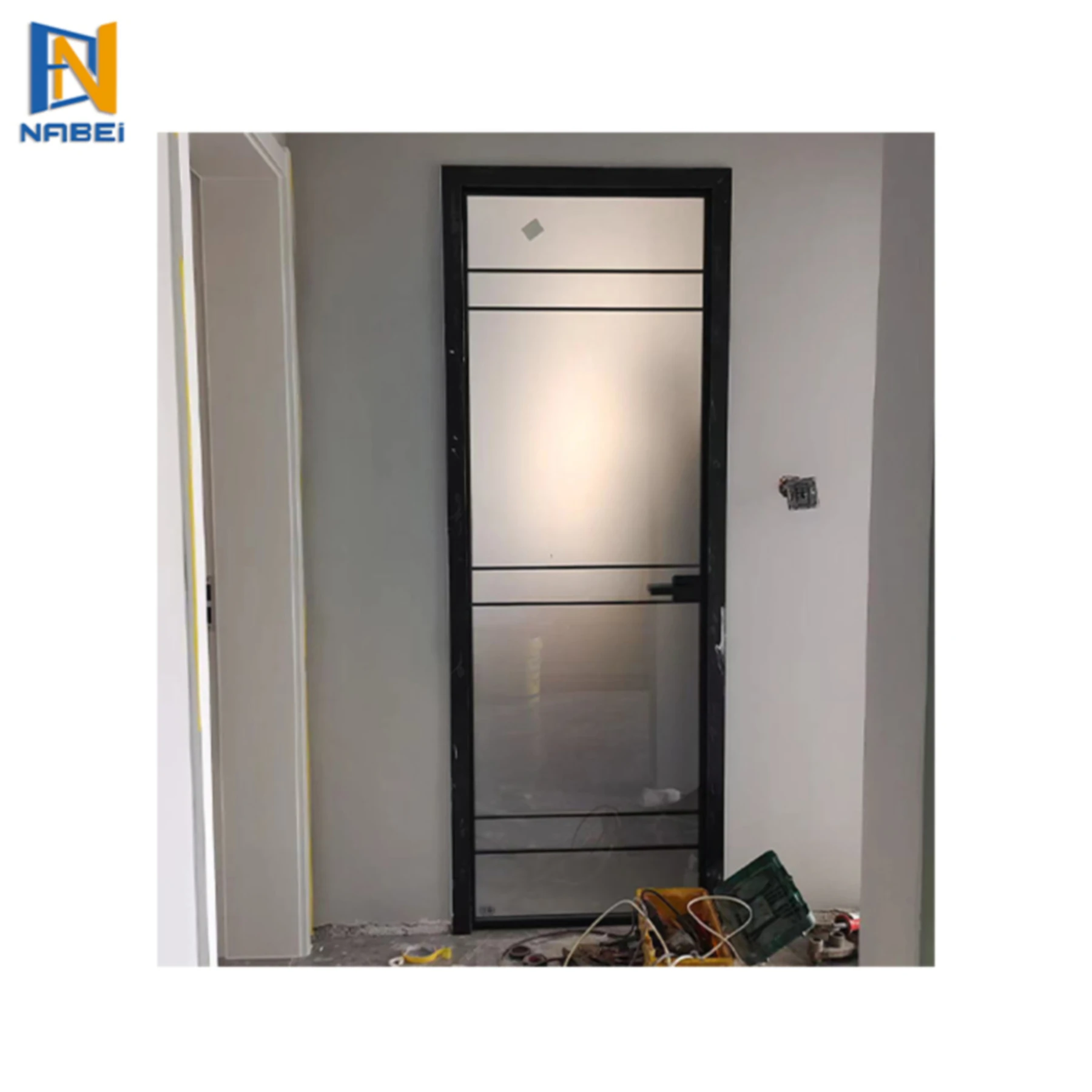 Modern Black Metal Frame Interior Decoration Steel French Glass Swing Door with Privacy Lock