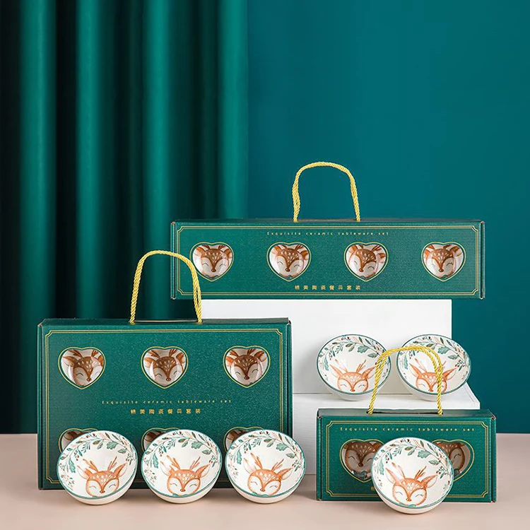 cartoon pattern ceramic tableware gift set for holiday gift box dinnerware 4 pieces bowl set ceramic