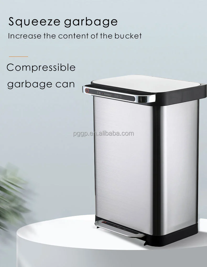 50L Hot sale kitchen garbage compactor bin Stainless Steel 13 gallon compressing trash can with pedal