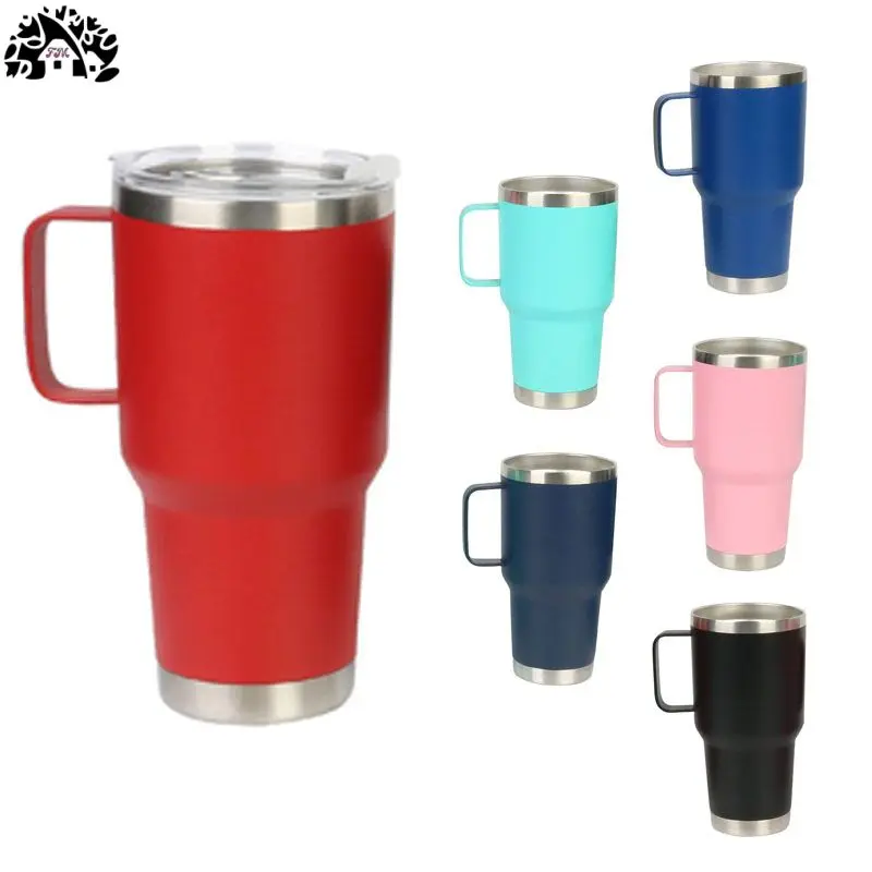 30oz spill-proof double metal flat bottom cup Insulated cold with handle and lid mug Stainless steel insulated travel coffee mug