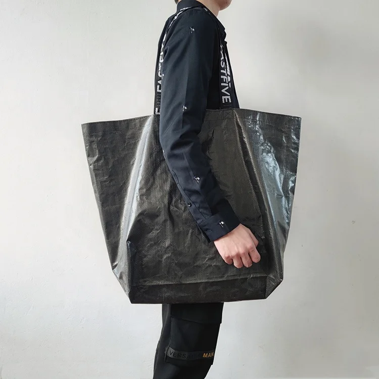 Custom embroidered logo handles Black Extra large laminated PP woven tote bag