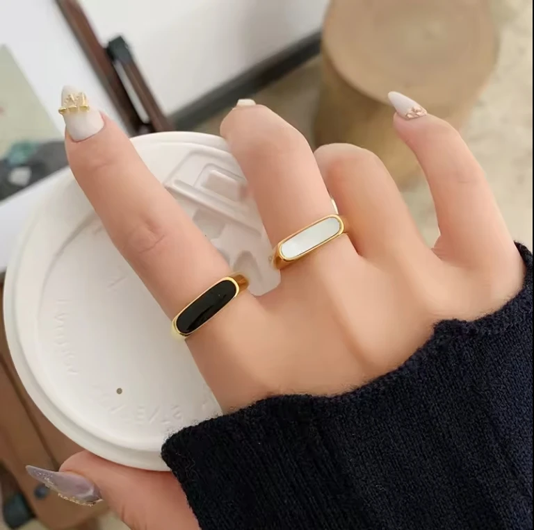 Stainless Steel Rings shell Drop Black Oil 18k Gold plated Anti Tarnish Signet Ring Waterproof Jewelry Signet Rings For Women
