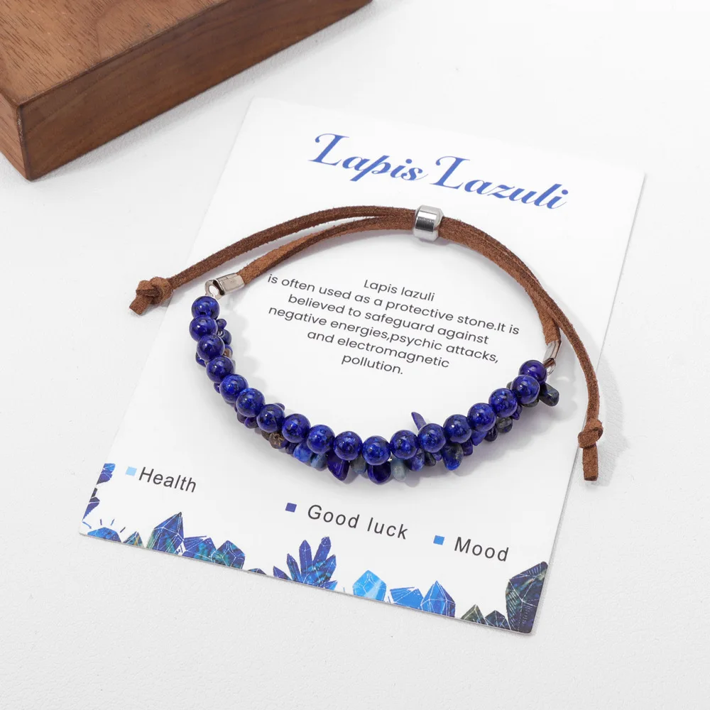 2025 Latest Trending 4 mm Round Beads and Chips Two Layers Natural Stone Leather Rope Adjustable Bracelets