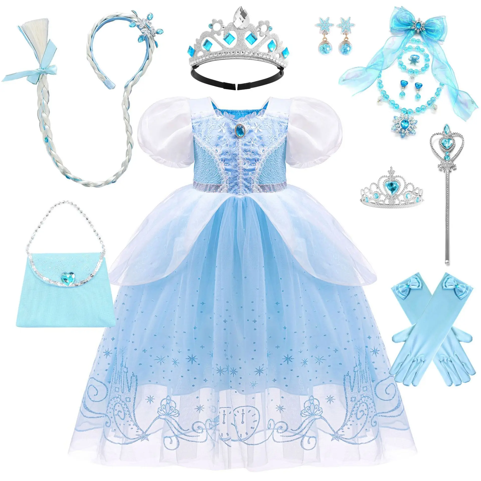 New Trendy Cartoon Movie Elsa Princess Cosplay Dress Blue Fancy Halloween Dress Costumes