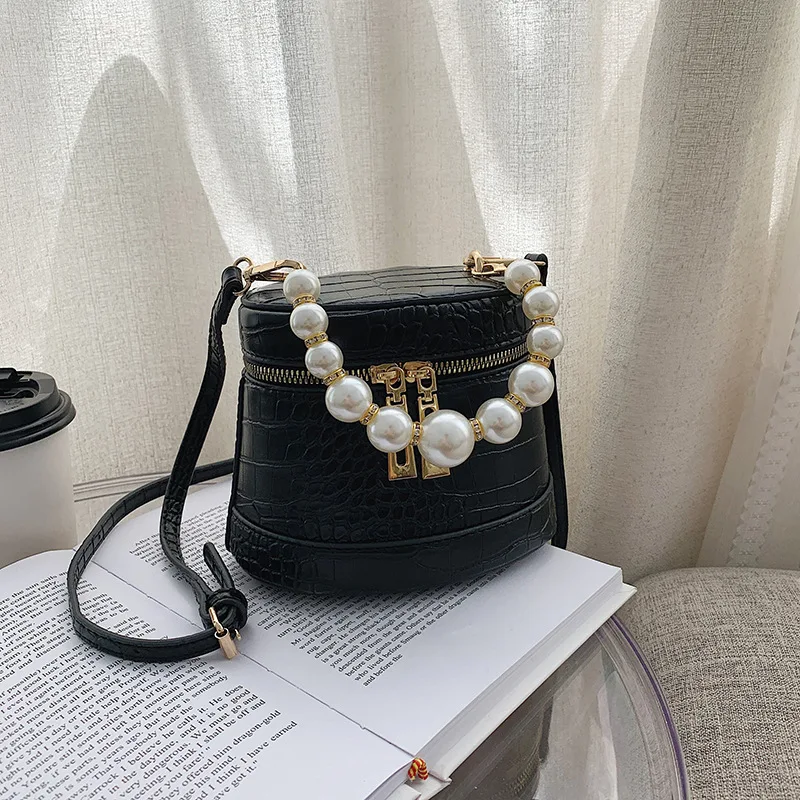 New Arrival Ladies Mini Crocodile Pattern Pu Crossbody Women Pearl Handle Bucket Hand