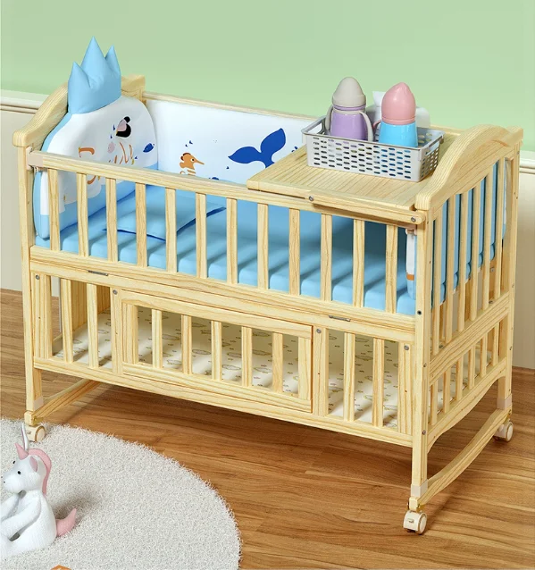 New Multifunctional Bedside Cot Bed Solid Wood Wheels Cribs For 0-6 Years Old