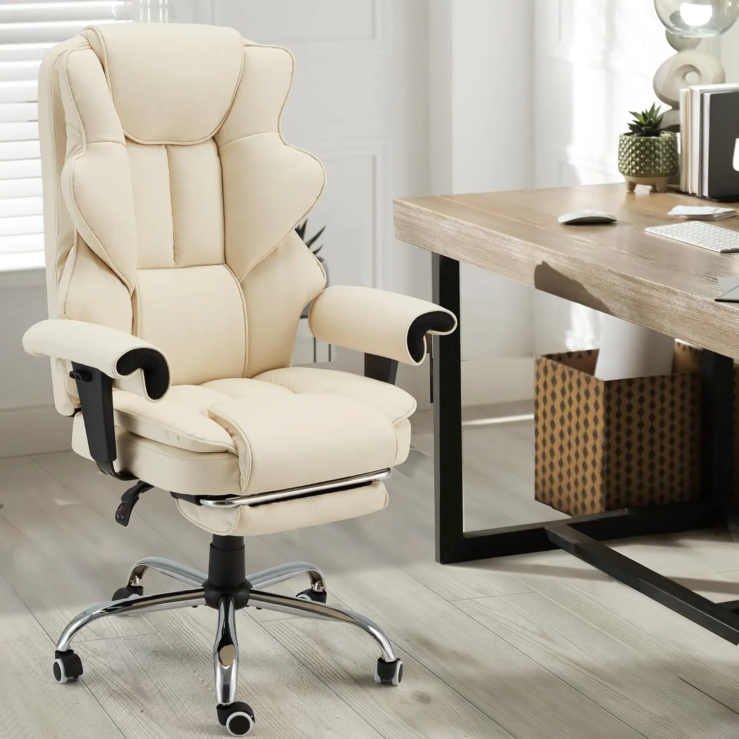 White Heating Executive 6-Point Massage Office Desk Chair Leather Computer Chair with Adjustable Armrest and Footrest