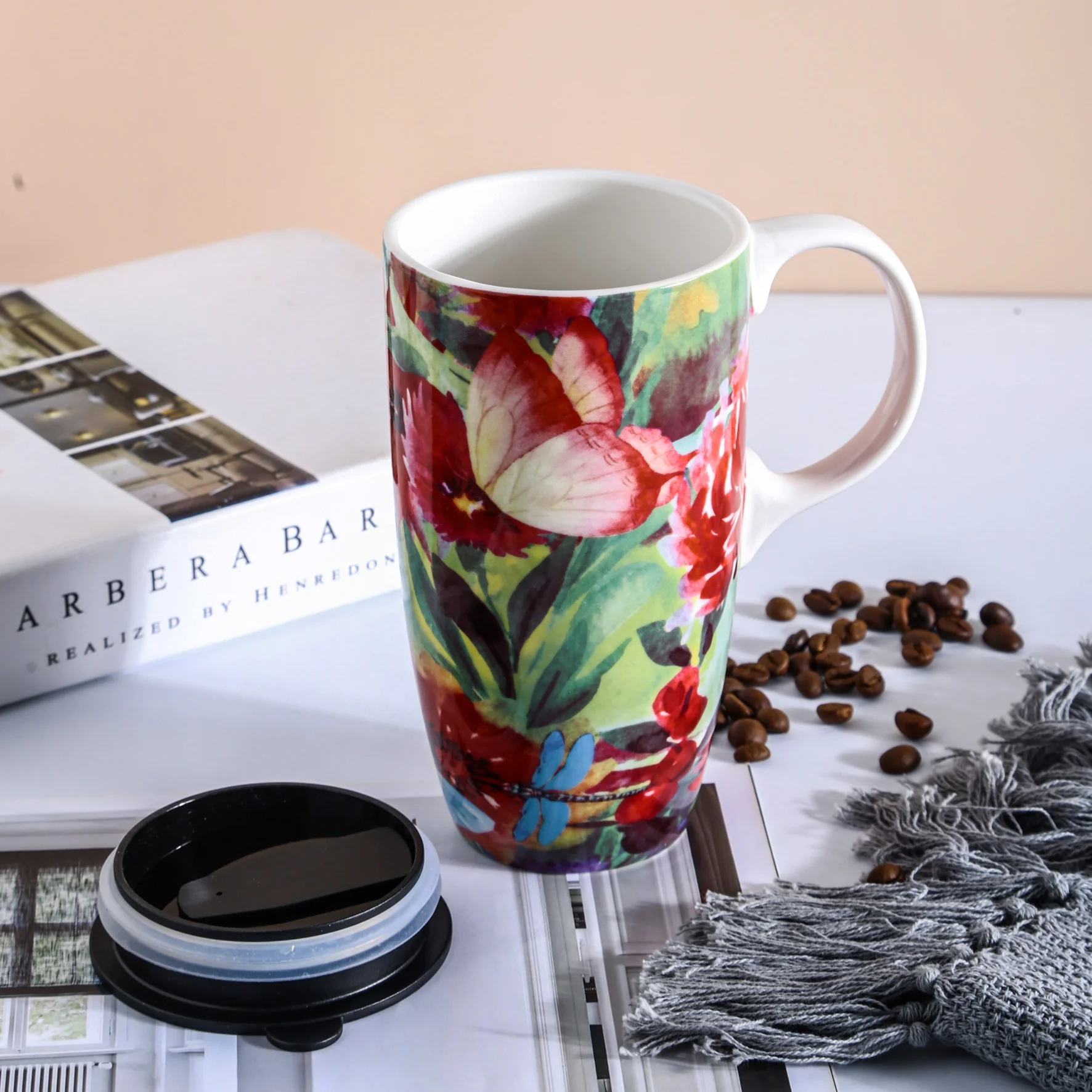 17 унций. Цветущий подарочный набор, латте, чайная чашка, кофейная керамическая кружка, фарфоровые керамические кружки с крышкой