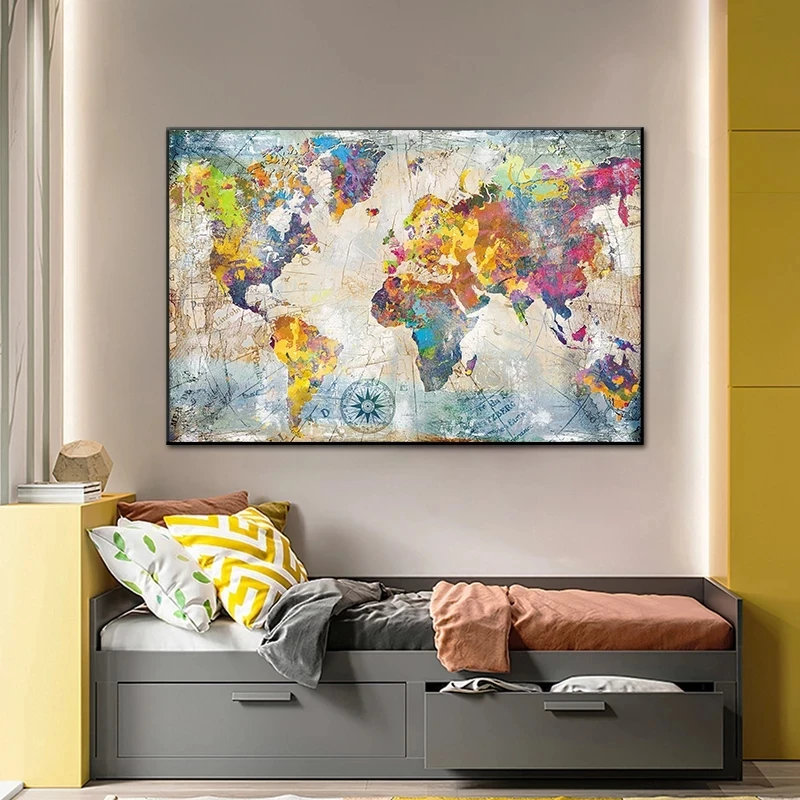 Abstract Colorful World Map Canvas Painting Wall Art Posters Home Decor Cuadros Custom Art Printing