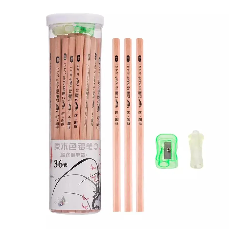 FEIYAN student stationery nature soft wood HB pencil 36pcs pencil with sharpener grip packing in PET Drum tube for child