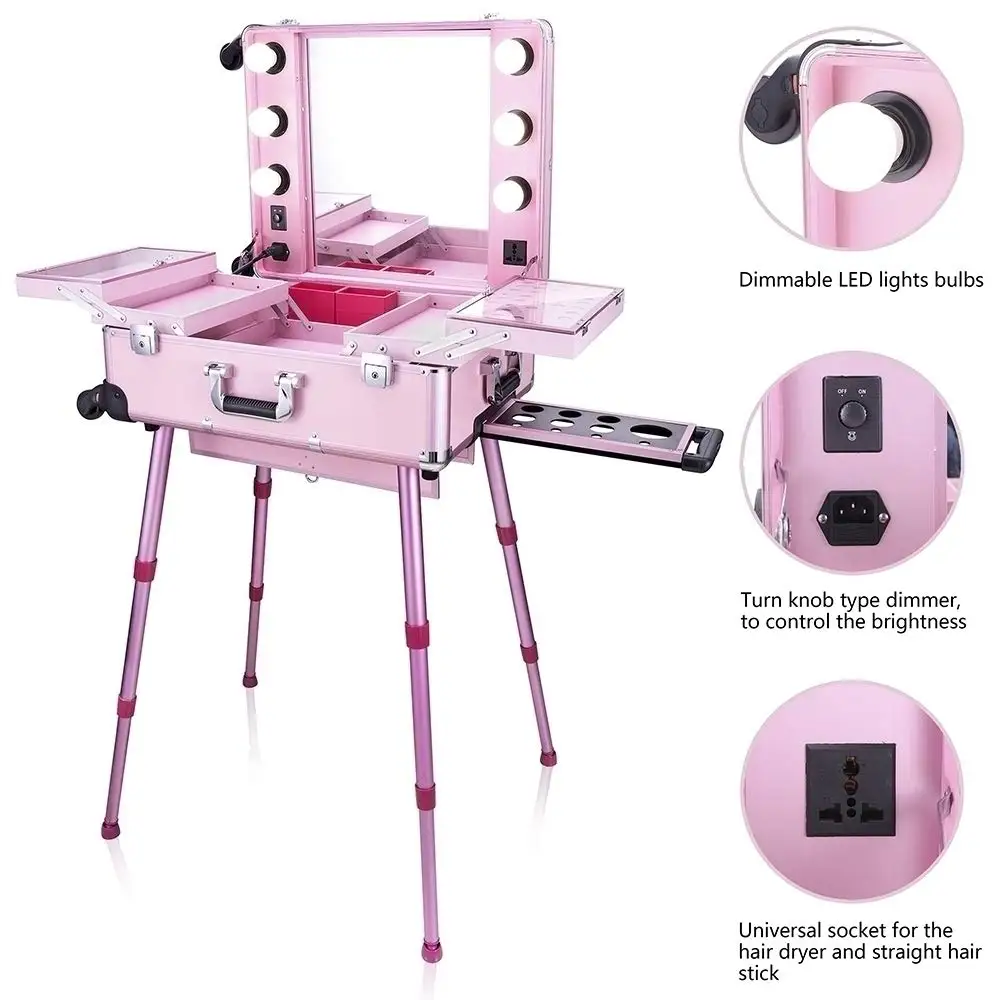 Aluminum Rolling Beauty Trolley Case Lighted Bulb Makeup Train Case Cosmetic with Wheeled Secure Lock