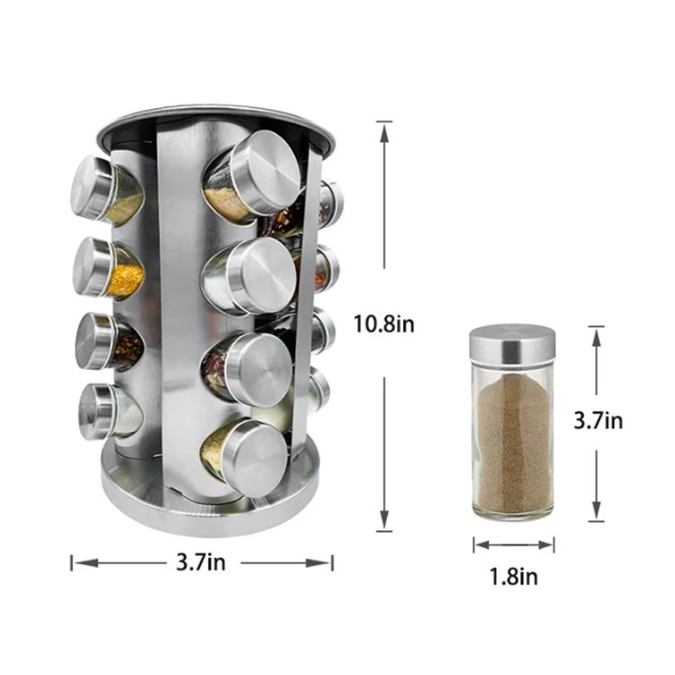 Popular stainless steel set 16 seasoning bottles rack with rotating rack spice rack rotatable Glass Jars