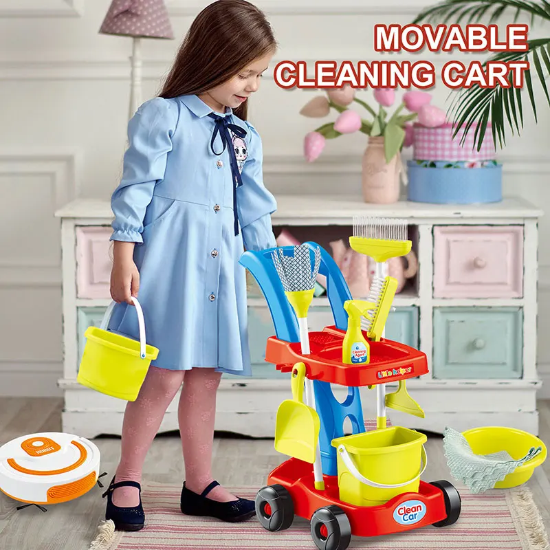 Detachable Housekeeping Cart 11 Pcs House Cleaning Tools Toys Pretend Play Broom and Mop Set Kids Cleaning Sets
