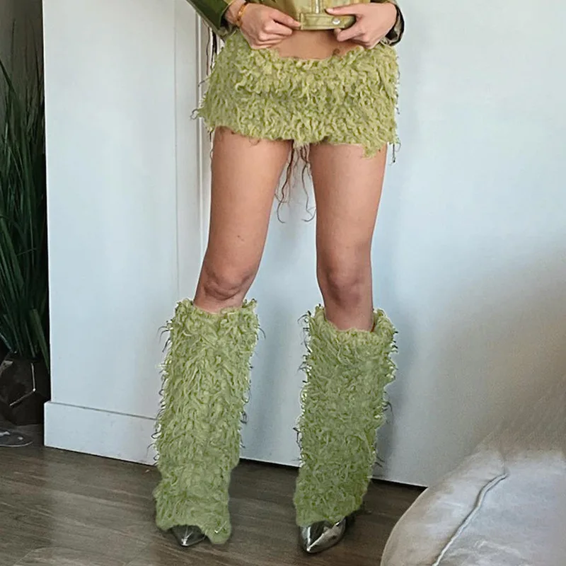 Модный осенний комплект женской одежды Y2K зеленый абрикос пушистый с щеголовкой уличная юбка с разрезом