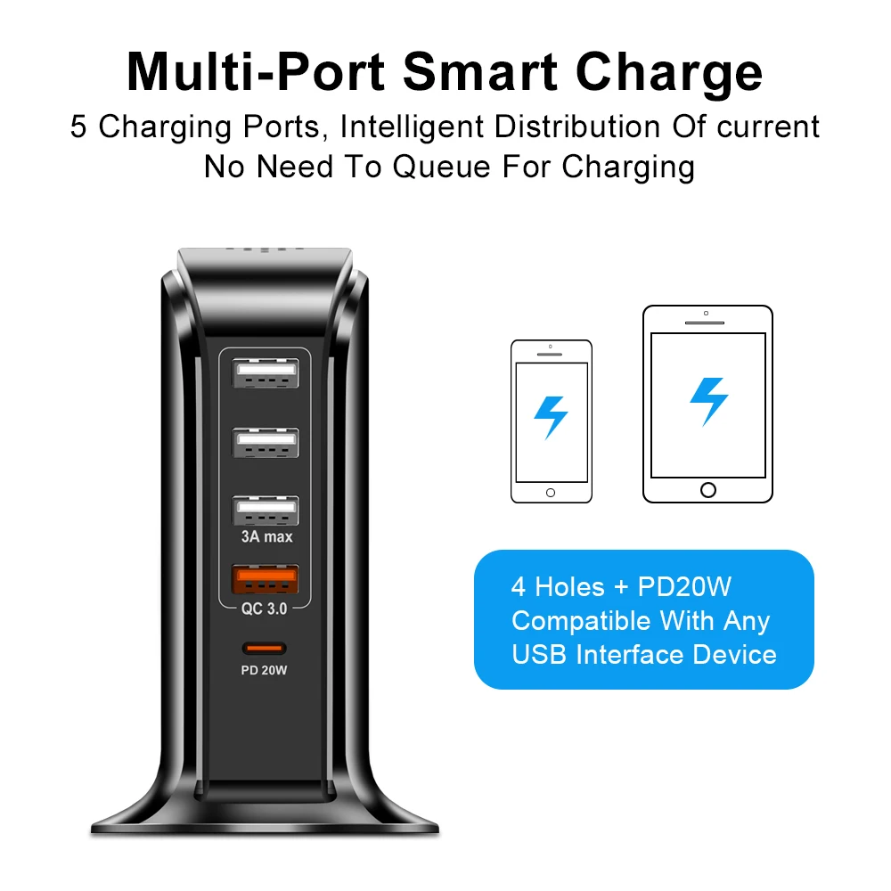 20W USB Wall Charger Universal 5 Port Multi USB AC Adapter 5V 3A Travel Charger for iPhone 20W USB C PD Charger Phone Charge HUB