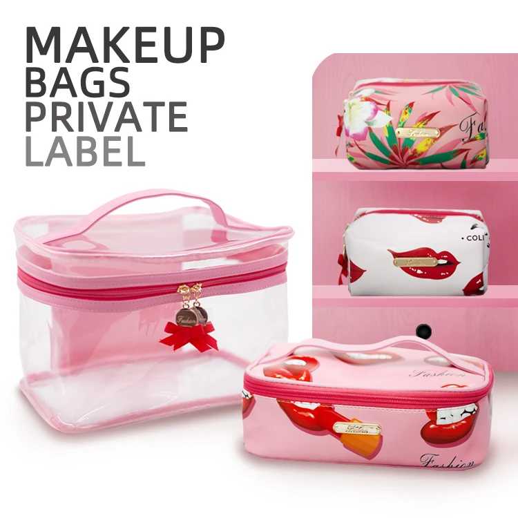 High Quality Promotional Pink Holographic Gold Zipper Travel Makeup Transparent Waterproof Travel Clear Pvc Cases Cosmetic Bags