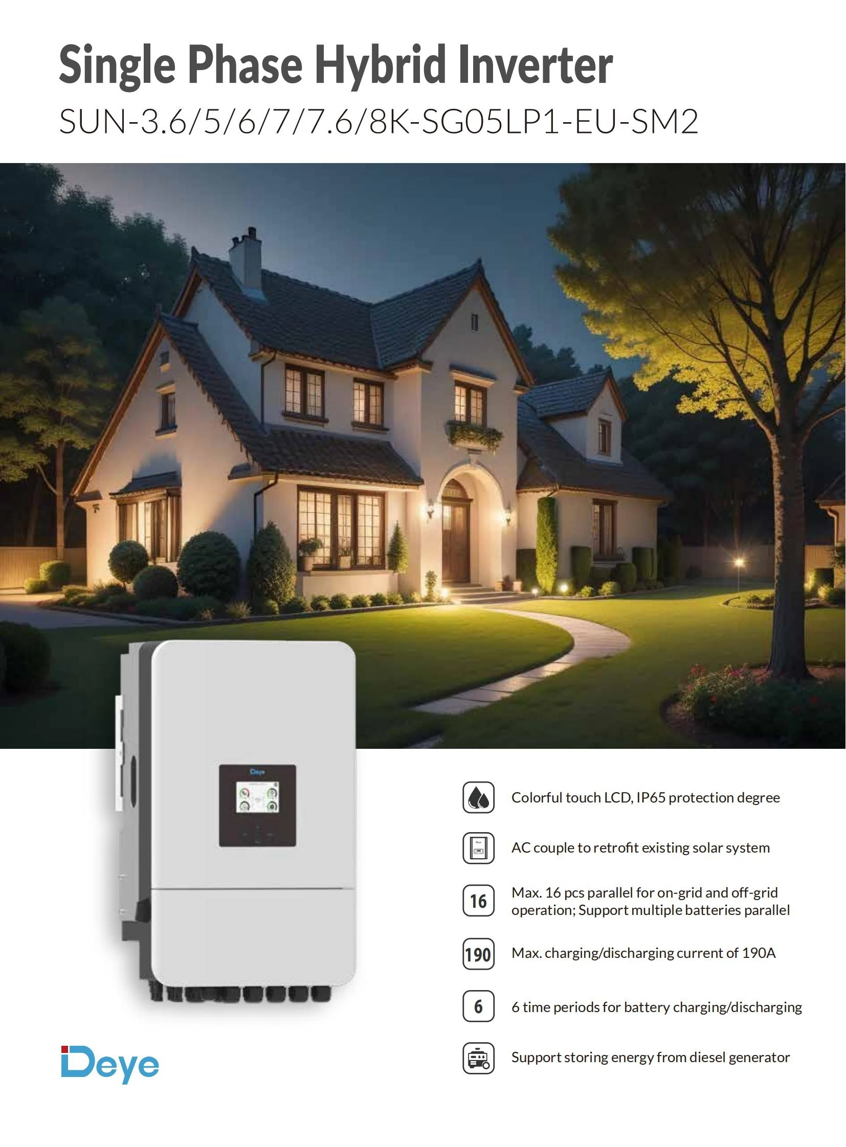 Hot Deye hybrid inverter SUN-3.6/5/6/7.6/8K-SG05LP1-EU-SM2 5kw 6kw 8kw single phase wifi hybrid solar inverter