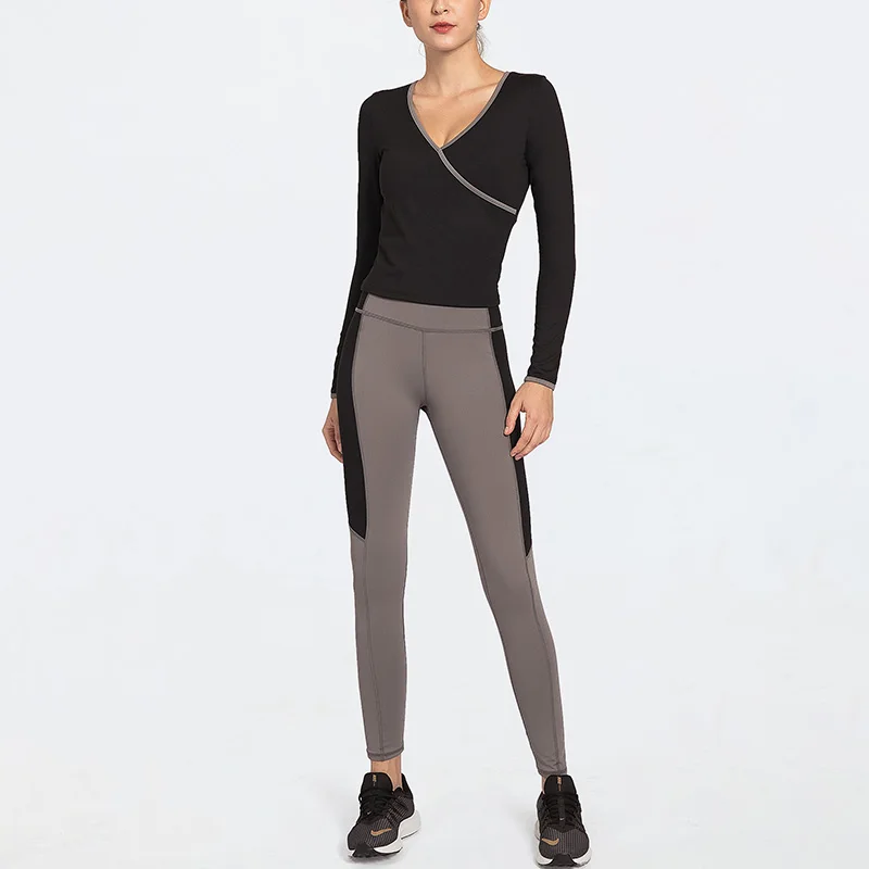 
Eco Friendly Women Sportswear V Neck Long Sleeve Fitness Shirt Gym Leggings Yoga Suit Sets 