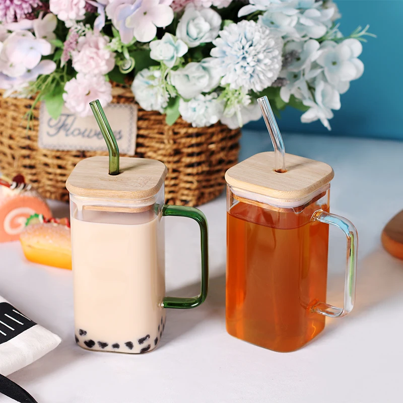 Hot Sales 170Z Square Glass Cups Borosilicate Square Glass Cup With Lid And Straw