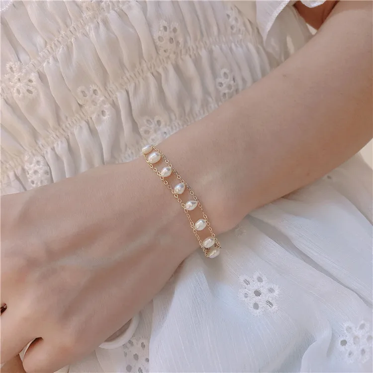 QiuHan Dainty Double Layer Girls Necklace and Bracelet Freshwater Pearl Jewelry Set for Gift Party