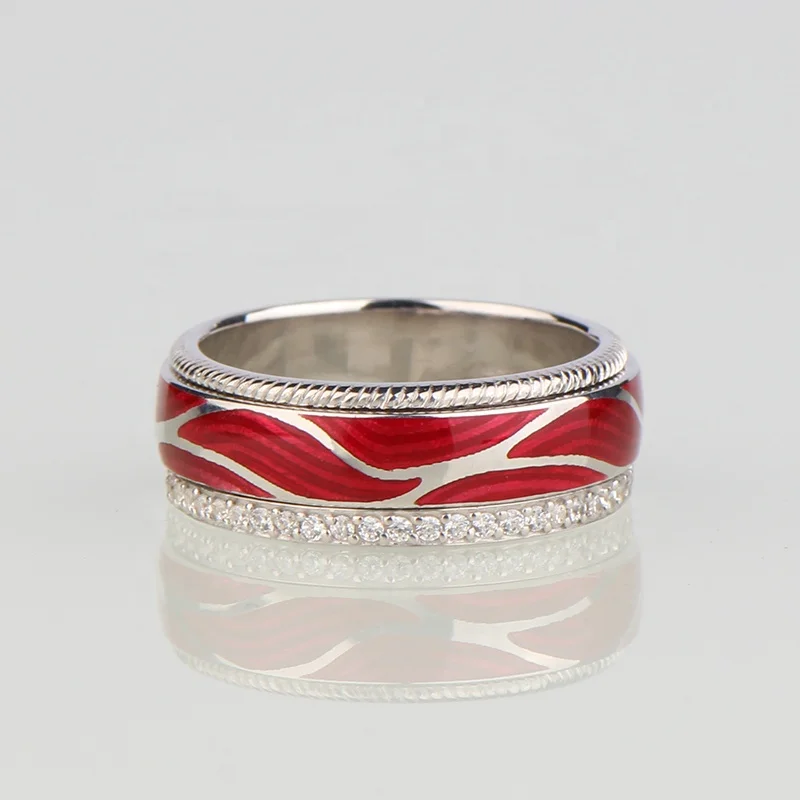 Customized Vintage Exotic Solid 925 Sterling Silver Light Luxury Designer Leopard Textured Damascus Style Enamel Ring For Women