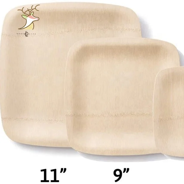 Biodegradable 10 Inch Square Areca Palm Leaf Plates Disposable Wooden Bamboo Dishes Popular for Parties and Weddings