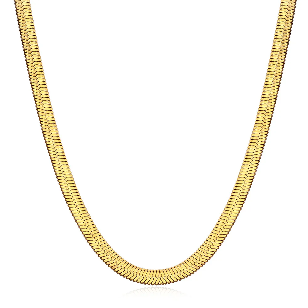 Wholesale 14k Gold Plated Herringbone Choker Chain Handmade Stainless Steel Flat Snake Chain Necklace