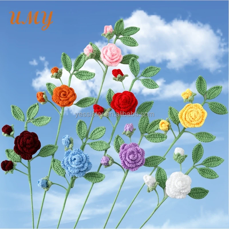 Hand-Knitted Flower Bouquet Crochet Camellia Flower Valentines Day Wedding Decoration Hand Woven Artificial Flower