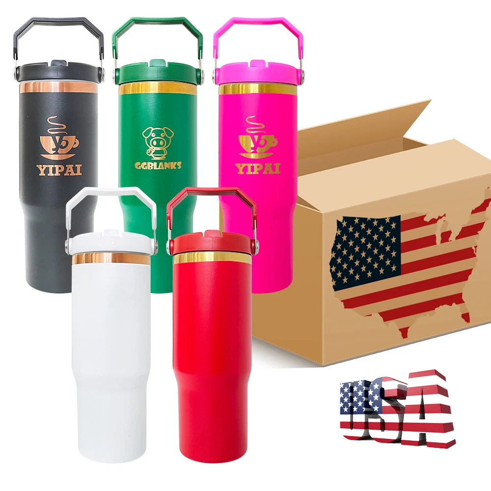 USA warehouse double walled stainless steel vacuum insulated gold copper plating 30oz flip top straw tumbler for laser engraving
