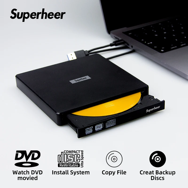Superheer USB External Portable DVD Burner CD RW Reader Player for Windows Mac Laptop Style Error Support Tray Desktop Mode