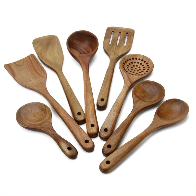 High quality cookware set 8 pcs acacia wood kitchen tool wooden cooking utensil