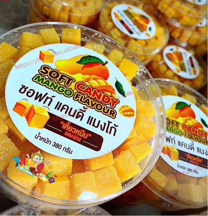 Customized Factory Direct sale thailand hot selling Sugar Coated 380g display plastic box jar Mango Flavored Soft Jelly Candy